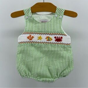 The Smocking Place Baby Boy Embroidered Sea Fish Seersucker Bubble Romper